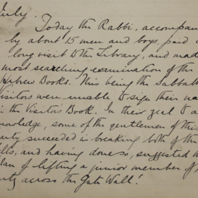Group Visit Entry in register relating to the visit of a group from St Kevin’s Parade Synagogue to the library in 1896.