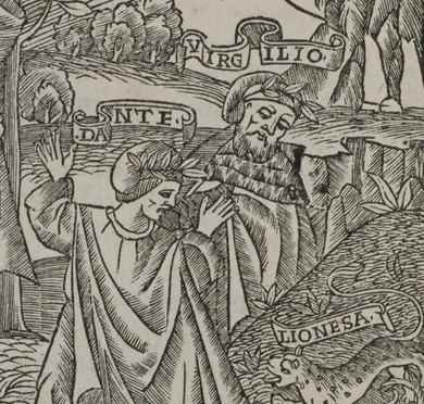 An image of Virgil leading Dante into the underworld. From a 1520 edition of Dante's works.