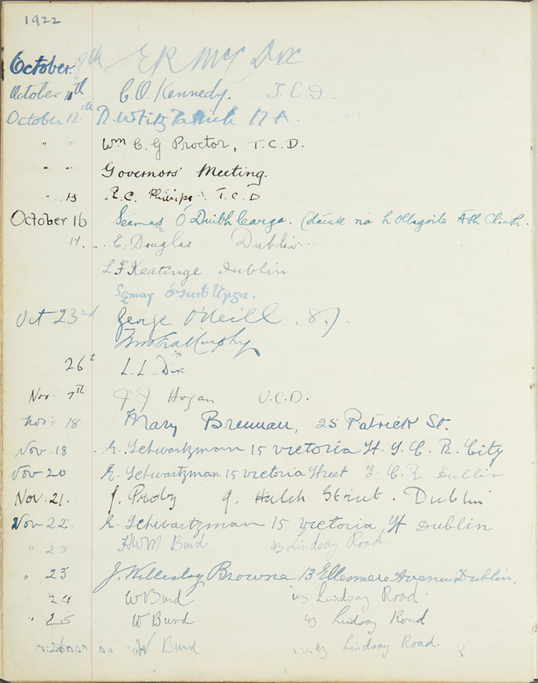 Marsh's Library Register, 9 October to 26 November 1922